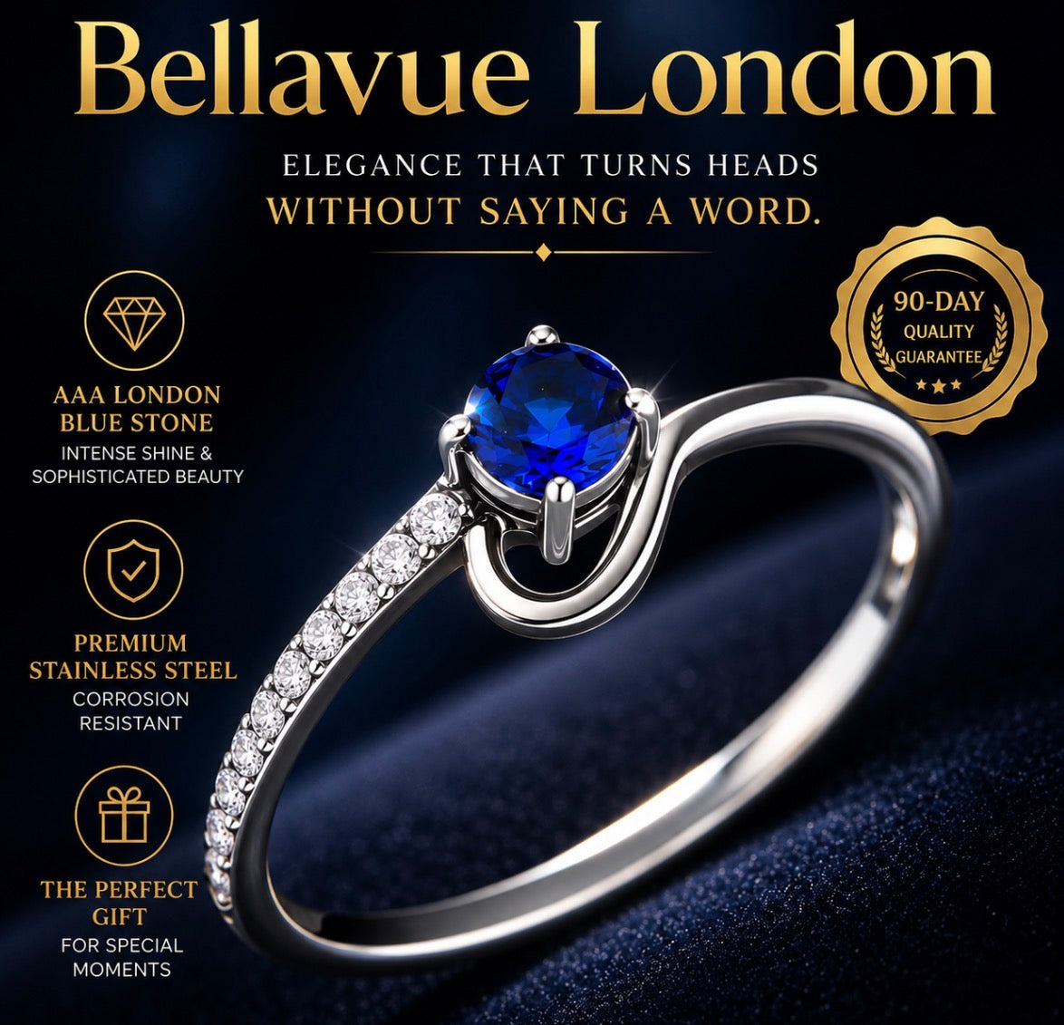 DA114 - High polished (no plating) Stainless Steel Ring with AAA Grade CZ  in London Blue