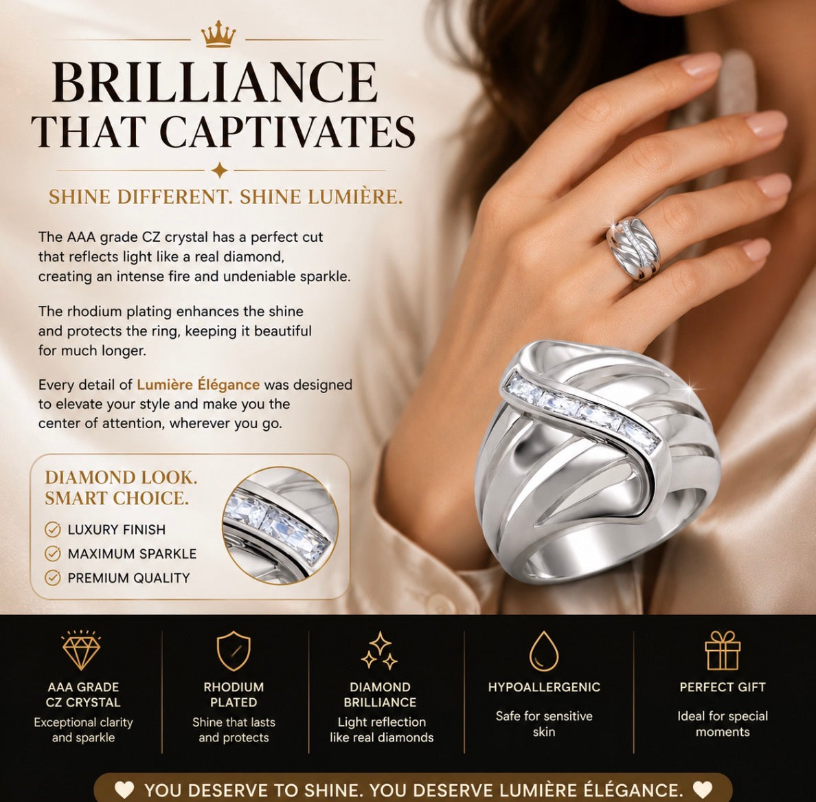 3W1077 - Rhodium Brass Ring with AAA Grade CZ  in Clear